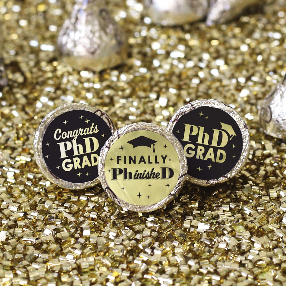 Graduation Class of 2025: Black and Gold PhD Graduation Party Favor Stickers - Fits on Hershey® Kisses - 180 Stickers - Distinctivs Party