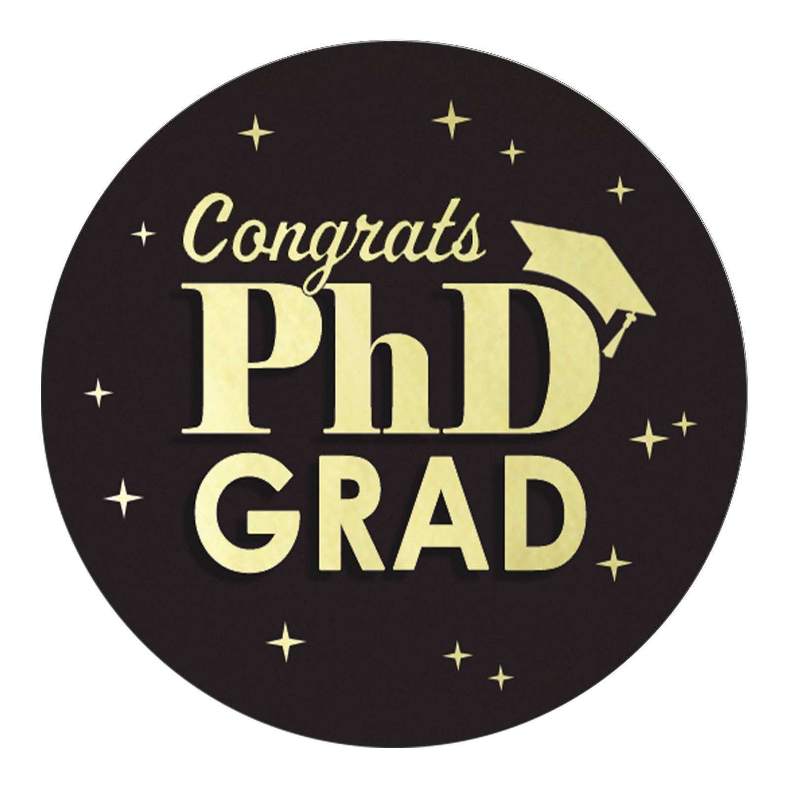 Graduation Class of 2025: Black and Gold PhD Graduation Party Favors Circle Stickers for Envelopes, Bag Seals - 40 Stickers - Distinctivs Party