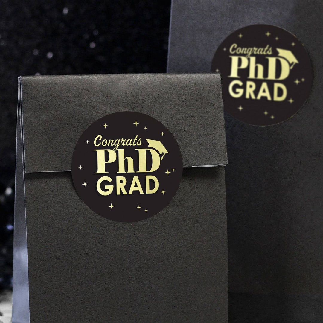 Graduation Class of 2025: Black and Gold PhD Graduation Party Favors Circle Stickers for Envelopes, Bag Seals - 40 Stickers