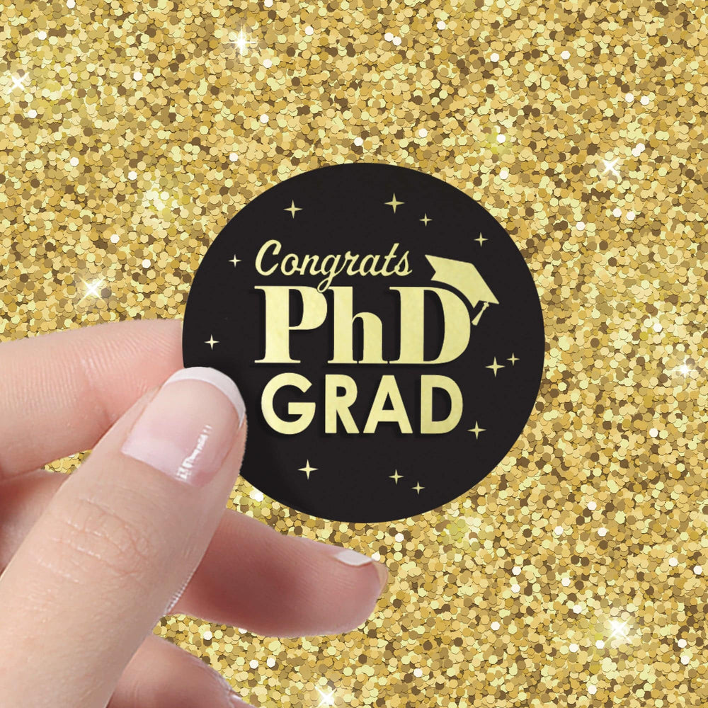 Graduation Class of 2025: Black and Gold PhD Graduation Party Favors Circle Stickers for Envelopes, Bag Seals - 40 Stickers - Distinctivs Party