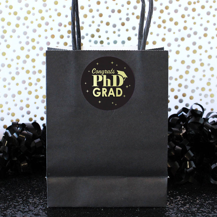 Graduation Class of 2025: Black and Gold PhD Graduation Party Favors Circle Stickers for Envelopes, Bag Seals - 40 Stickers