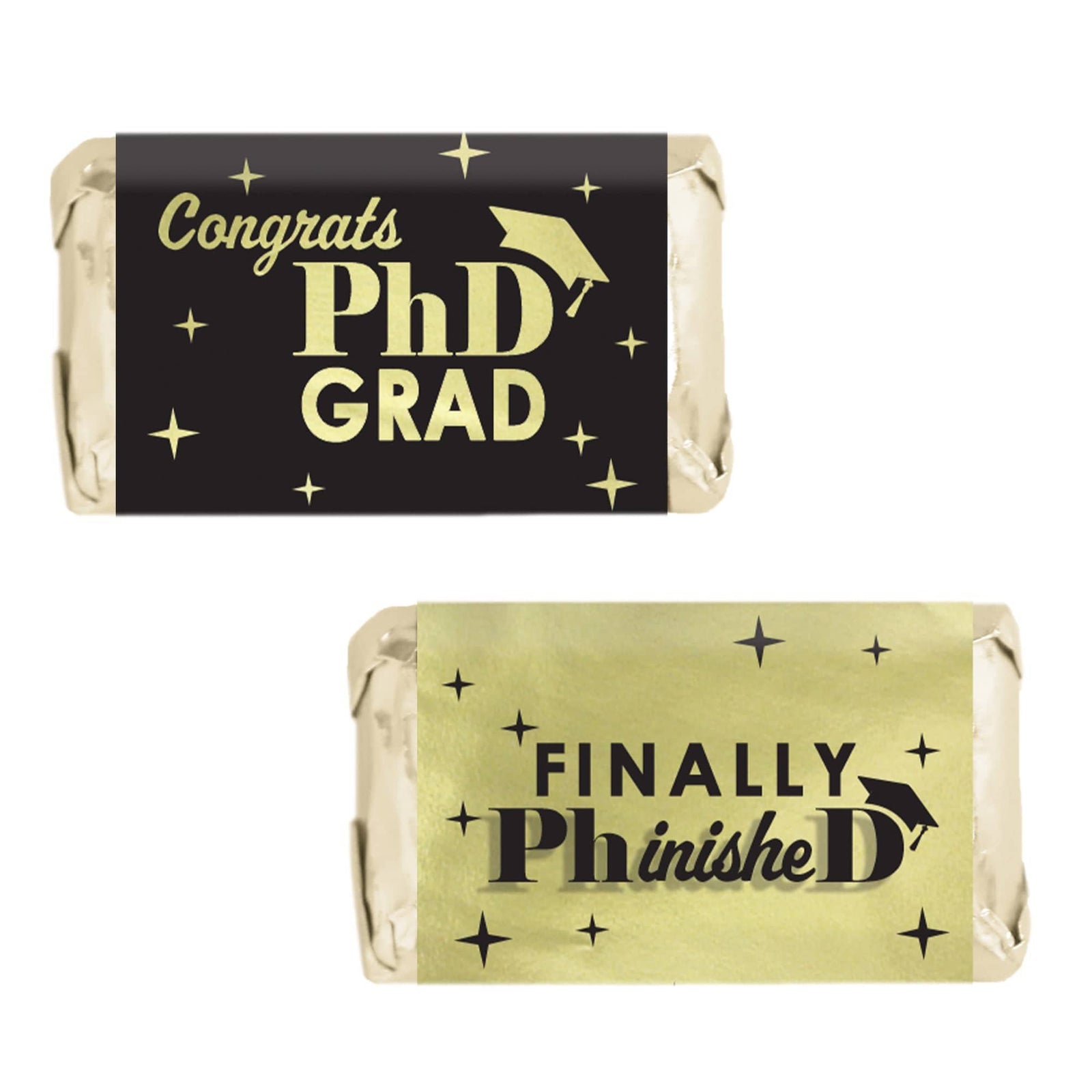 Graduation Class of 2025: Black and Gold PhD Graduation Party Favors - Mini Chocolate Candy Bar Wrapper Labels - Fits on Hershey® Miniatures - 45 Stickers - Distinctivs Party
