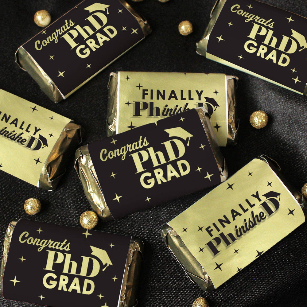 Graduation Class of 2025: Black and Gold PhD Graduation Party Favors - Mini Chocolate Candy Bar Wrapper Labels - Fits on Hershey® Miniatures - 45 Stickers - Distinctivs Party