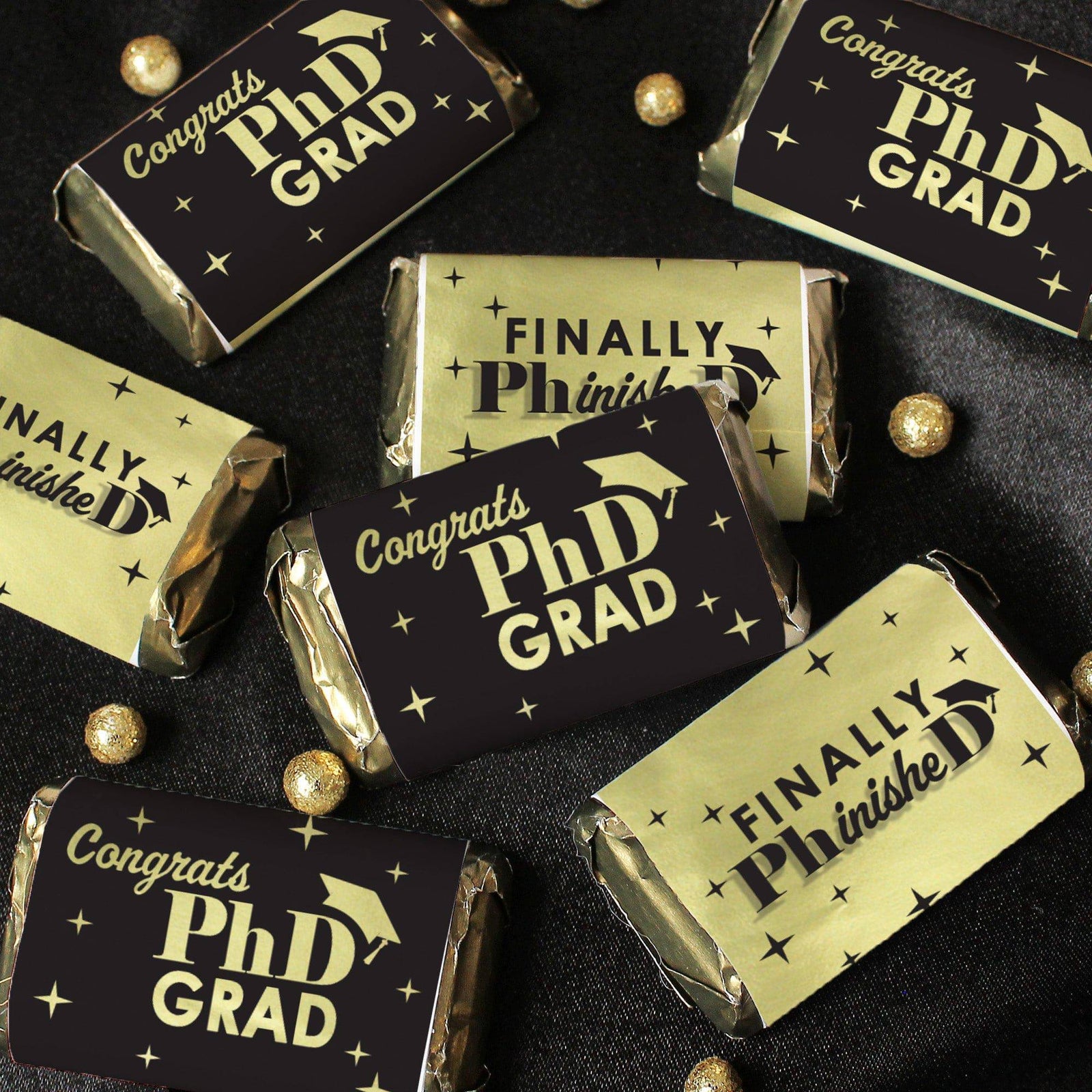 Graduation Class of 2025: Black and Gold PhD Graduation Party Favors - Mini Chocolate Candy Bar Wrapper Labels - Fits on Hershey® Miniatures - 45 Stickers - Distinctivs Party