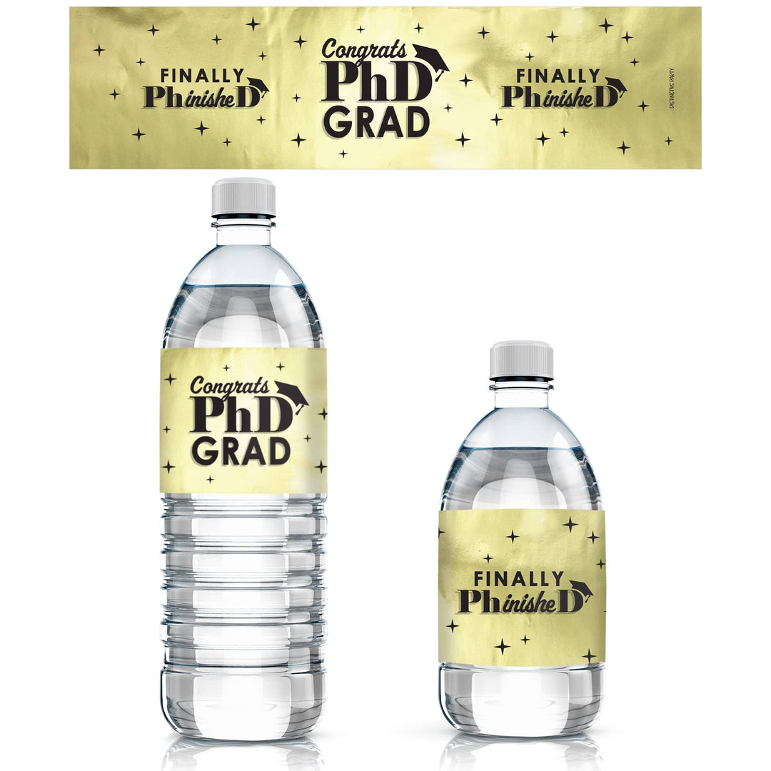 Graduation Class of 2025: Black and Gold PhD Graduation Party Favors - Water Bottle Labels  - 24 Waterproof Stickers