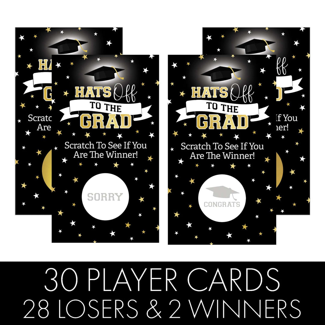 Graduation Party Game: Black and Gold Scratch Off Cards- Class of 2025 - 30 Cards (2 Winners)