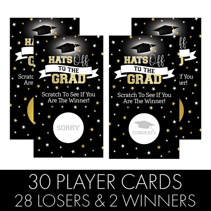 Graduation Party Game: Black and Gold Scratch Off Cards- Class of 2025 - 30 Cards (2 Winners)