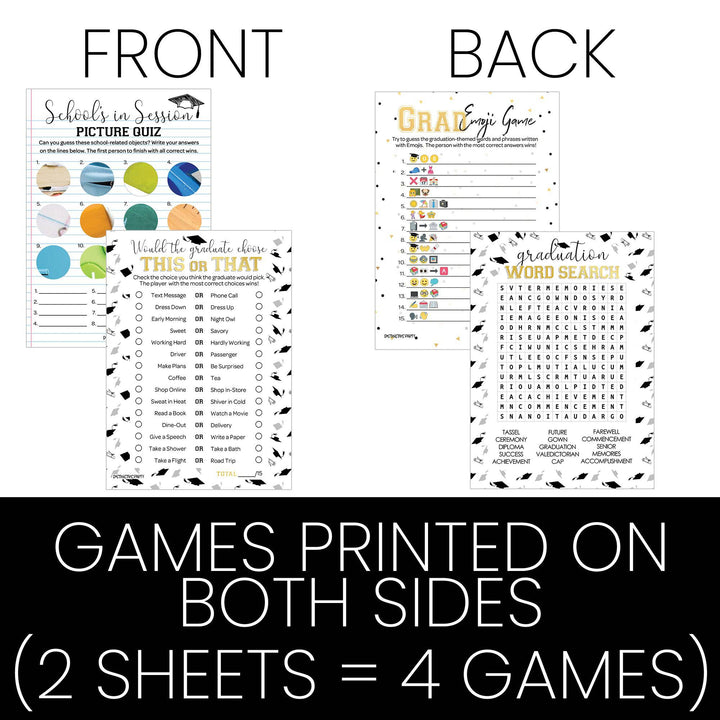 Graduation Party Game: This or That, Emoji Guessing Game, Picture Zoom, Word Search - Class of 2025 - Four Game Bundle - 25 Dual-Sided Game Cards