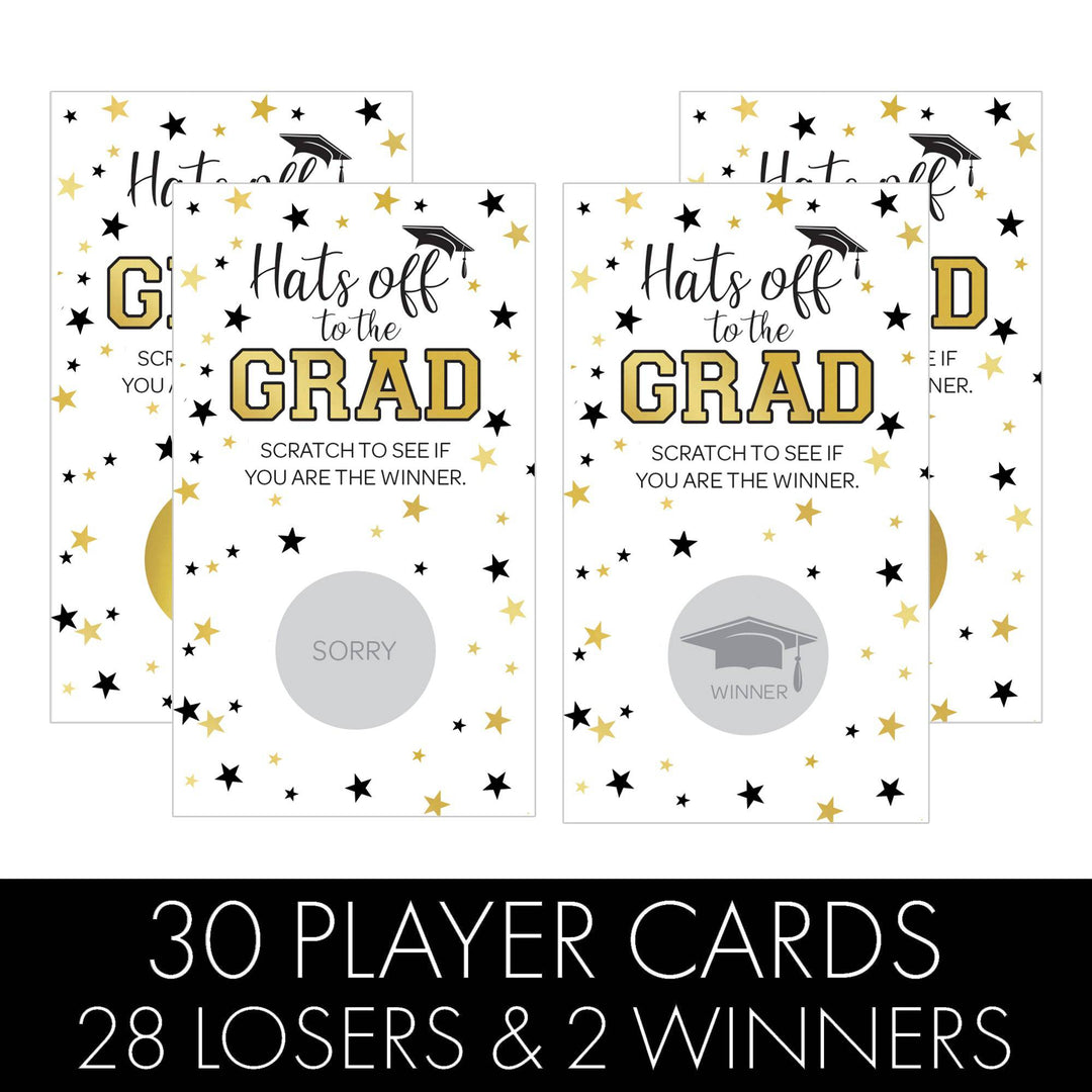 Graduation Party Game: White and Gold Scratch Off Cards- Class of 2025 - 30 Cards (2 Winners)