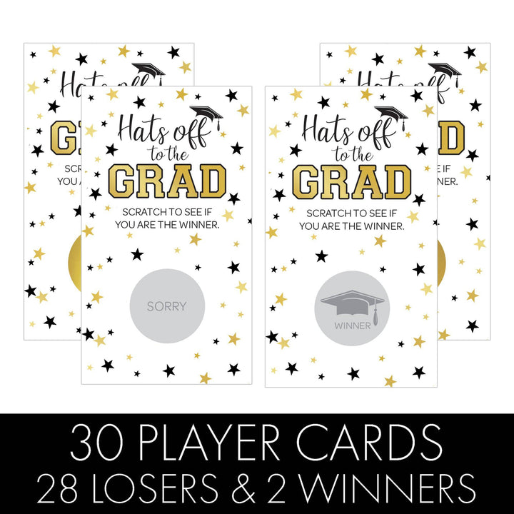 Graduation Party Game: White and Gold Scratch Off Cards- Class of 2025 - 30 Cards (2 Winners)