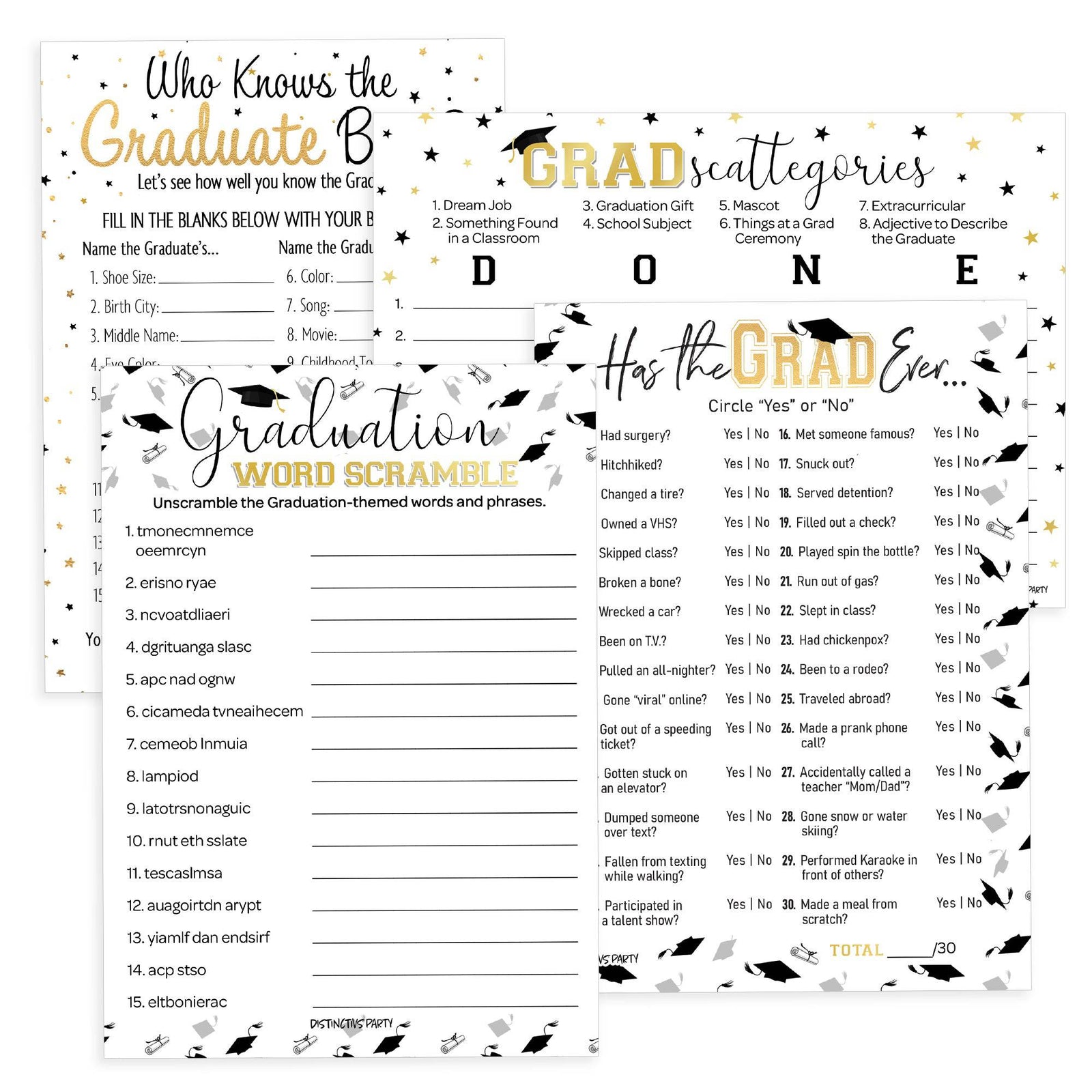Graduation Party Game: Who Knows the Grad Best, Has the Grad Ever, Scattergories, and Word Scramble- Class of 2025 - Four Game Bundle - 25 Dual-Sided Game Cards - Distinctivs Party