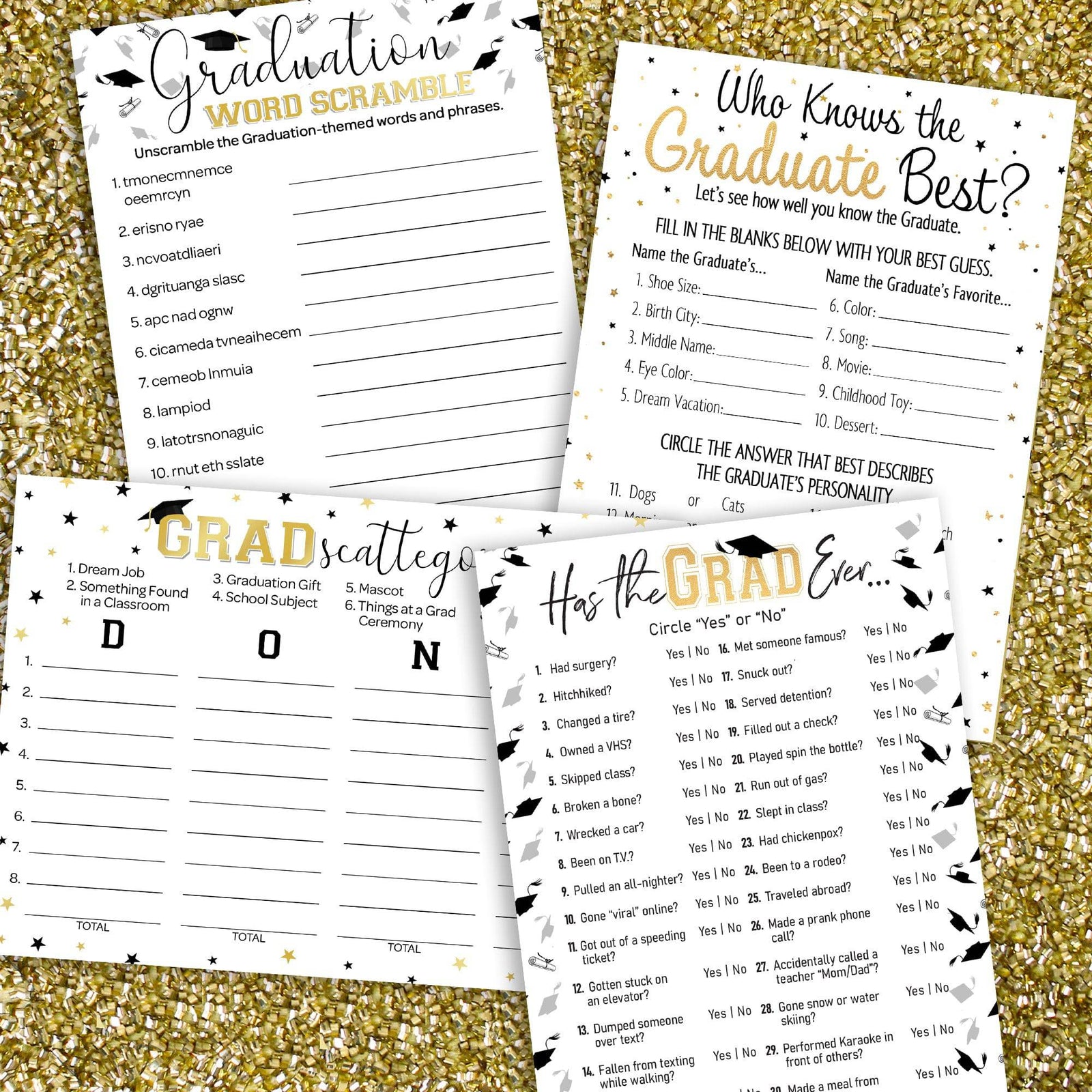 Graduation Party Game: Who Knows the Grad Best, Has the Grad Ever, Scattergories, and Word Scramble- Class of 2025 - Four Game Bundle - 25 Dual-Sided Game Cards - Distinctivs Party