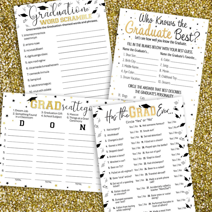 Graduation Party Game: Who Knows the Grad Best, Has the Grad Ever, Scattergories, and Word Scramble- Class of 2025 - Four Game Bundle - 25 Dual-Sided Game Cards