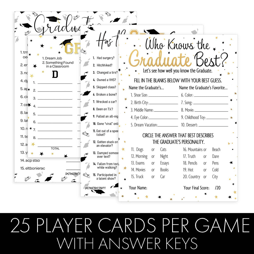 Graduation Party Game: Who Knows the Grad Best, Has the Grad Ever, Scattergories, and Word Scramble- Class of 2025 - Four Game Bundle - 25 Dual-Sided Game Cards