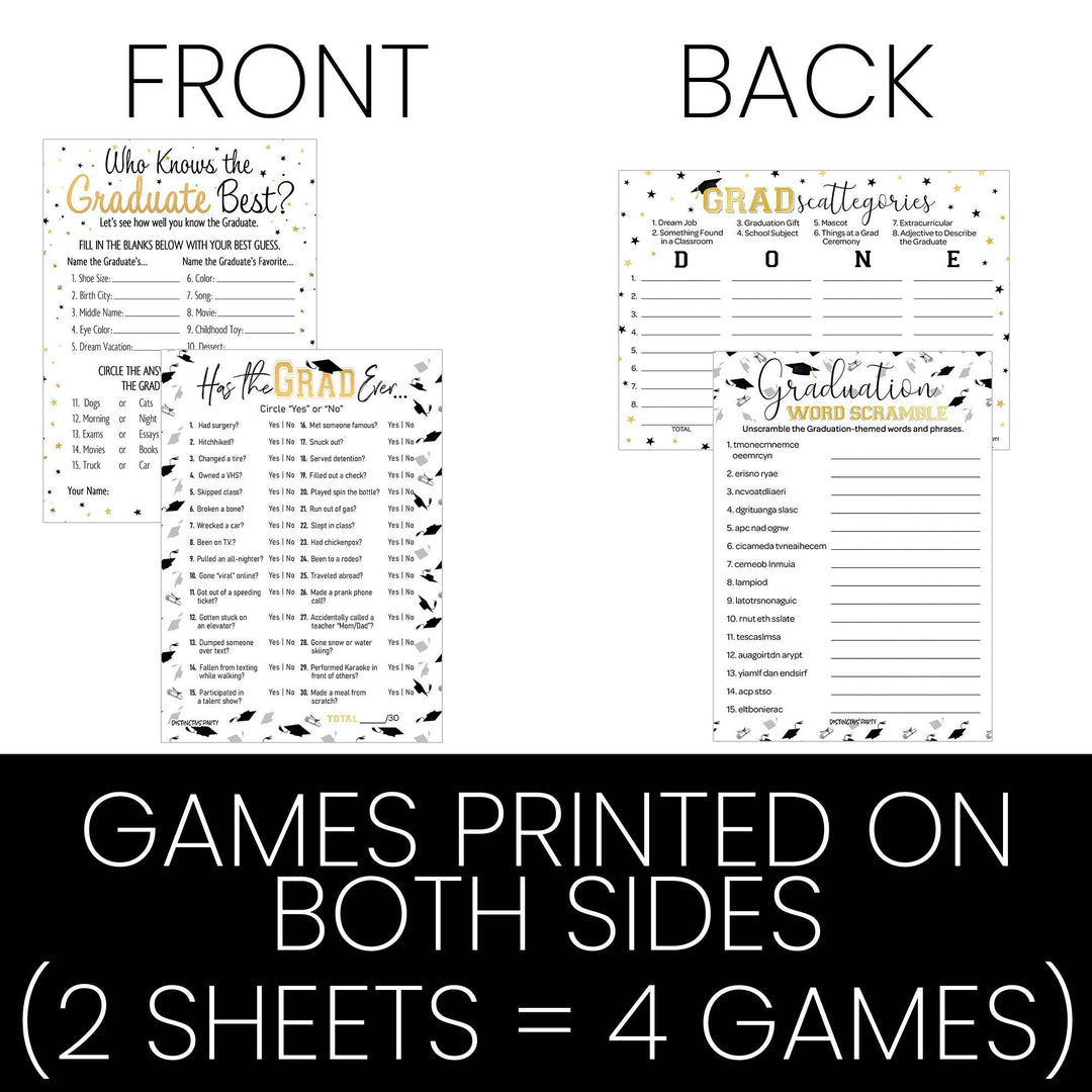 Graduation Party Game: Who Knows the Grad Best, Has the Grad Ever, Scattergories, and Word Scramble- Class of 2025 - Four Game Bundle - 25 Dual-Sided Game Cards