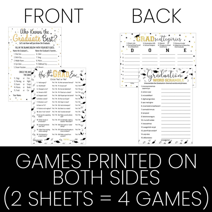 Graduation Party Game: Who Knows the Grad Best, Has the Grad Ever, Scattergories, and Word Scramble- Class of 2025 - Four Game Bundle - 25 Dual-Sided Game Cards