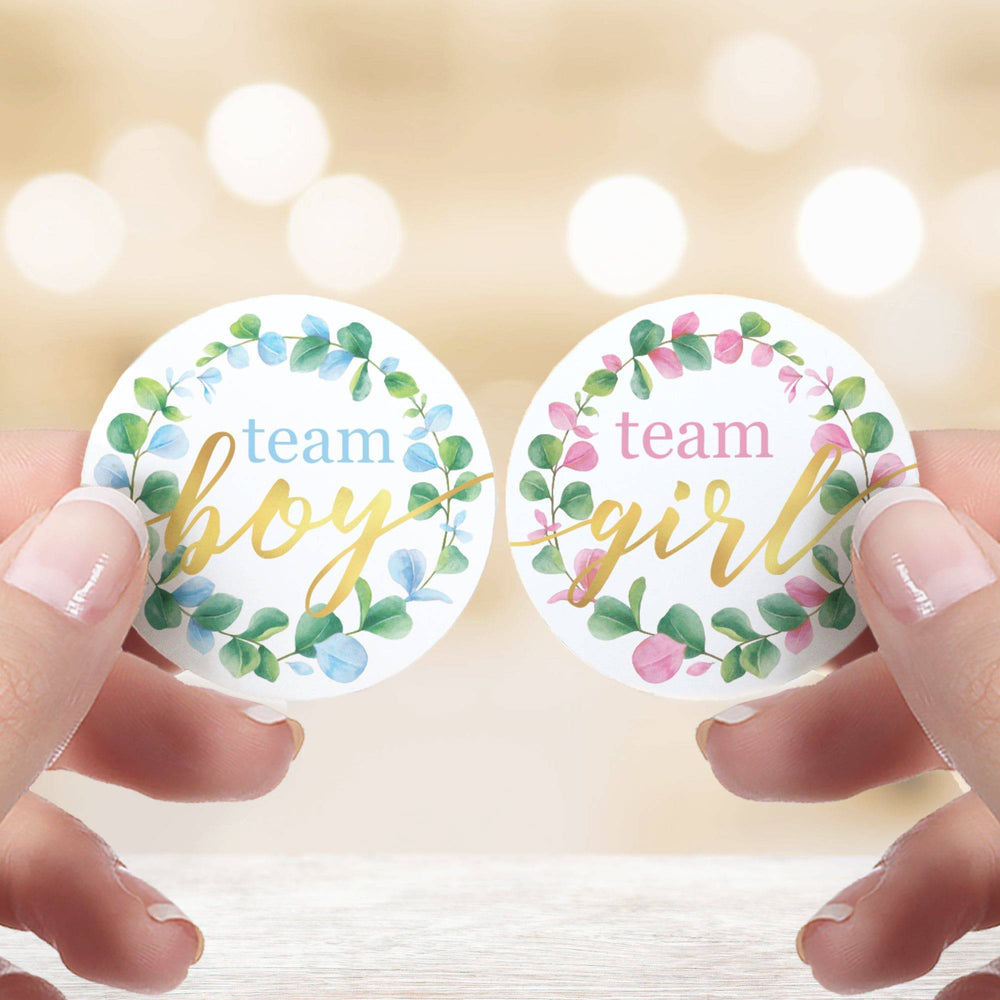 Greenery: Gender Reveal Party Stickers - Team He or Team She Voting Stickers - 40 Stickers - Distinctivs Party