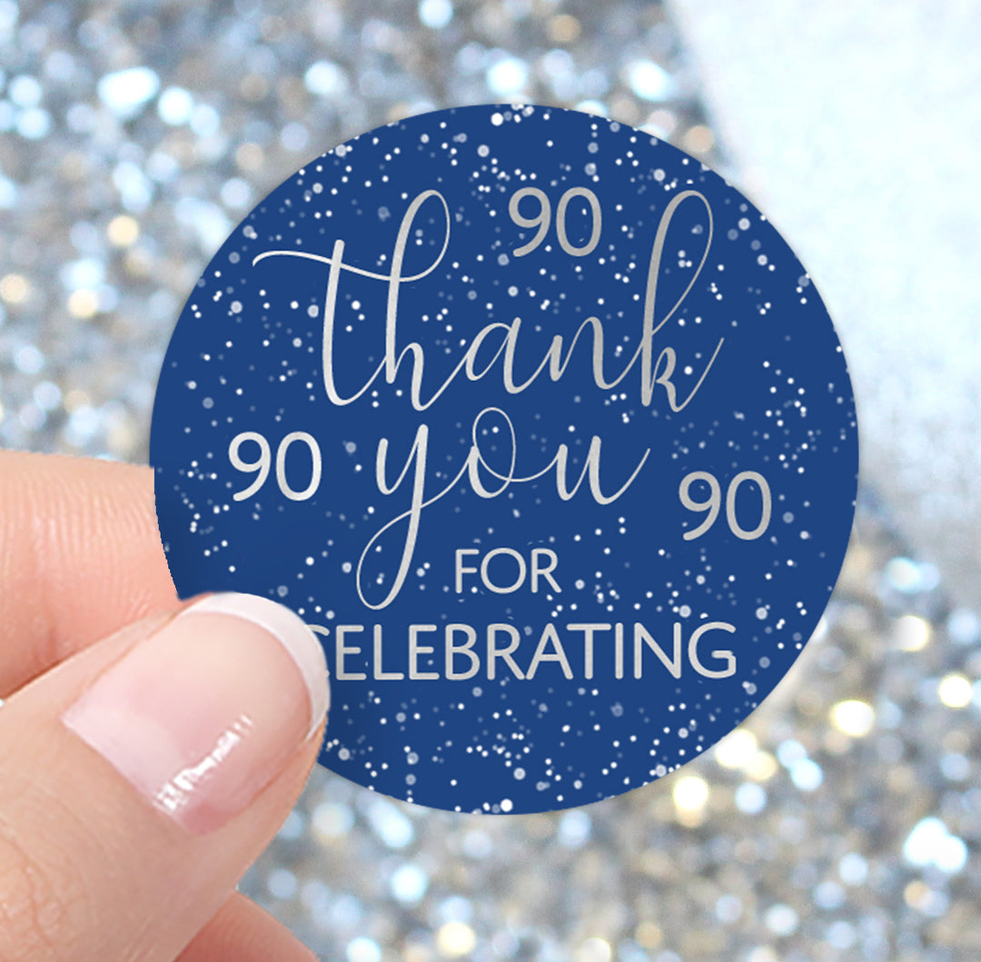 Blue and Silver 90th Birthday Thank You Stickers - 40 Stickers
