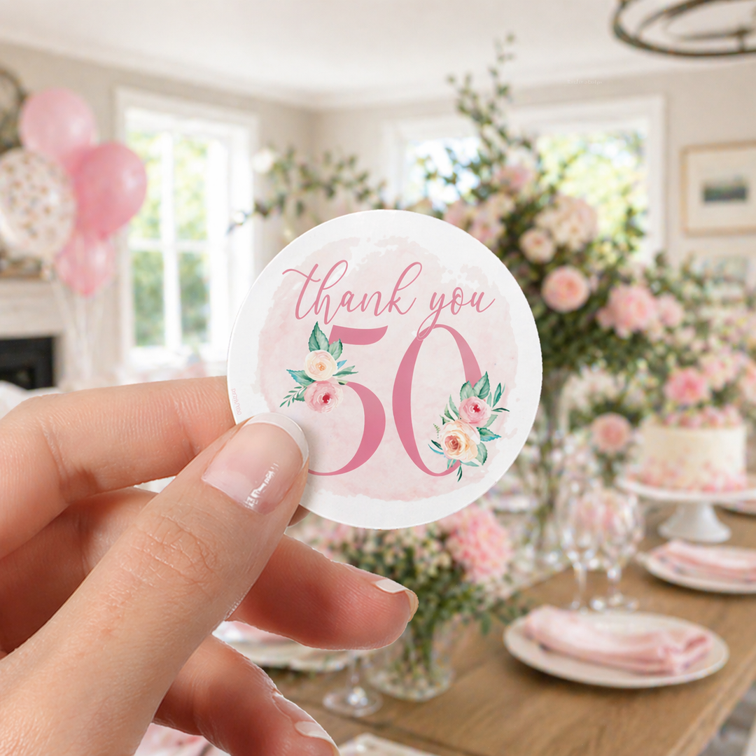 50th Birthday: Floral - Circle Label Thank You Stickers - 40 Stickers
