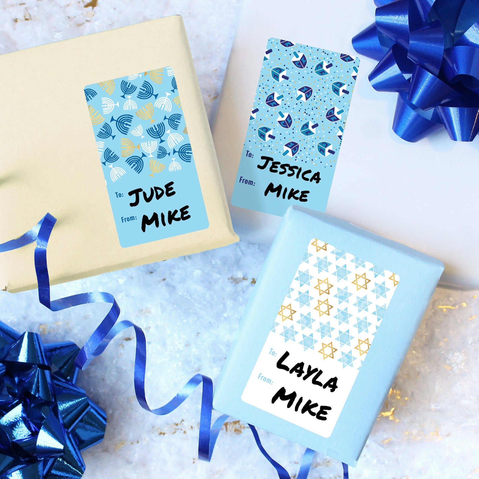 Hanukkah Gift Tag Stickers: Menorah, Star of David, and Dreidel - 75 Stickers - Distinctivs Party