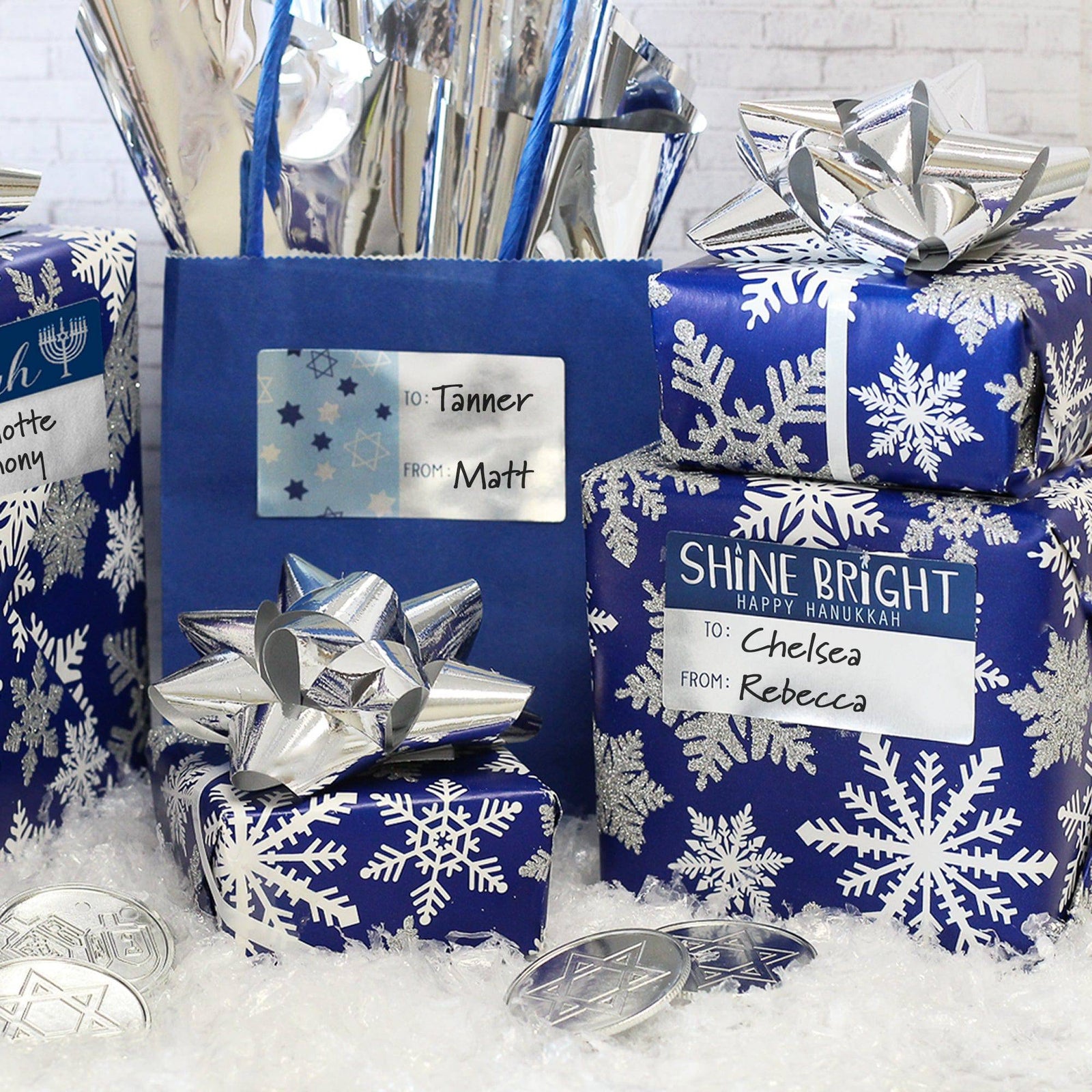 Hanukkah Gift Tag Stickers:  Metallic Foil Stickers - 75 Stickers - Distinctivs Party