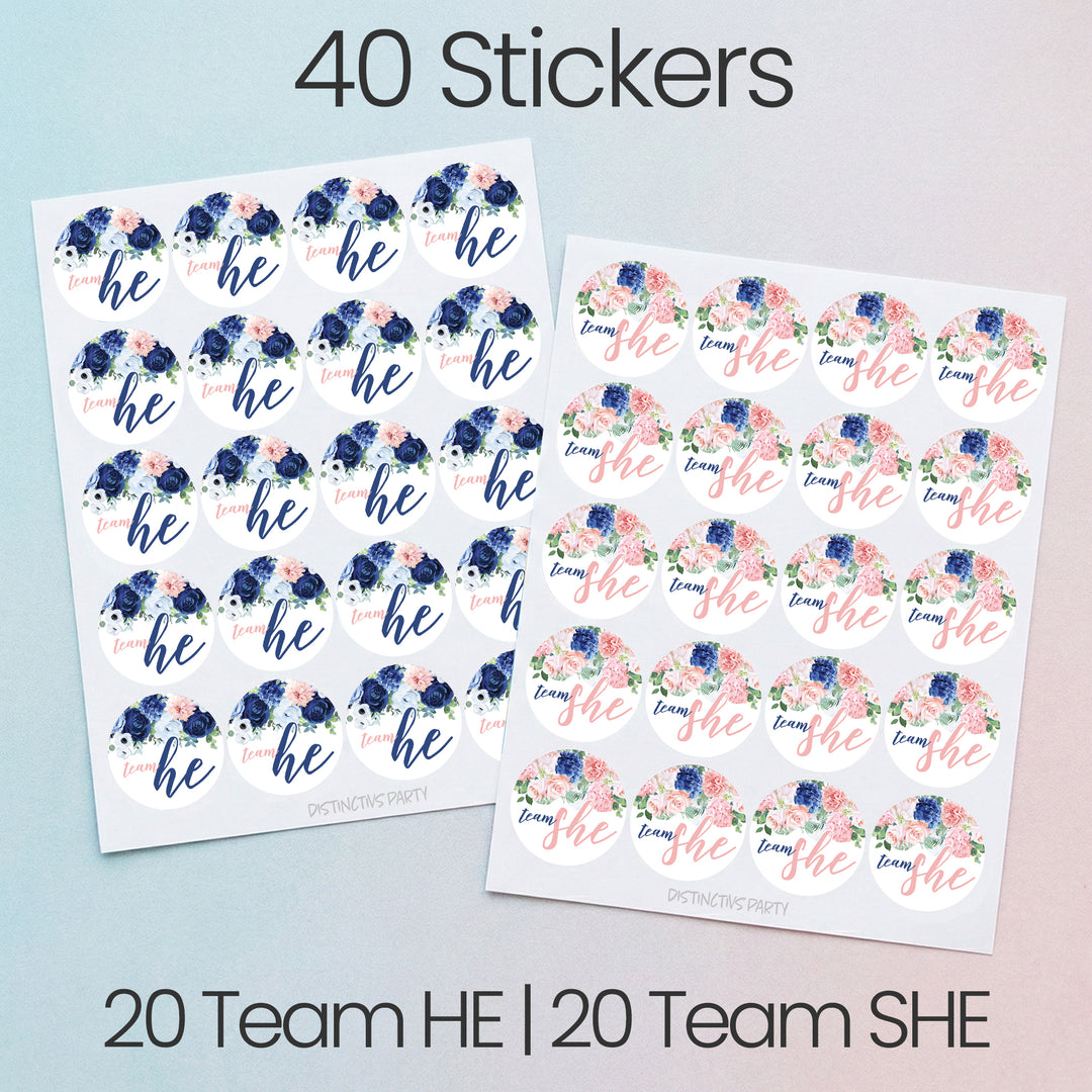 Navy & Blush Floral: Gender Reveal Party -Team He or Team She - 40 Stickers