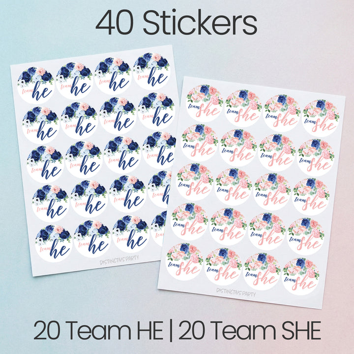 Navy & Blush Floral: Gender Reveal Party -Team He or Team She - 40 Stickers