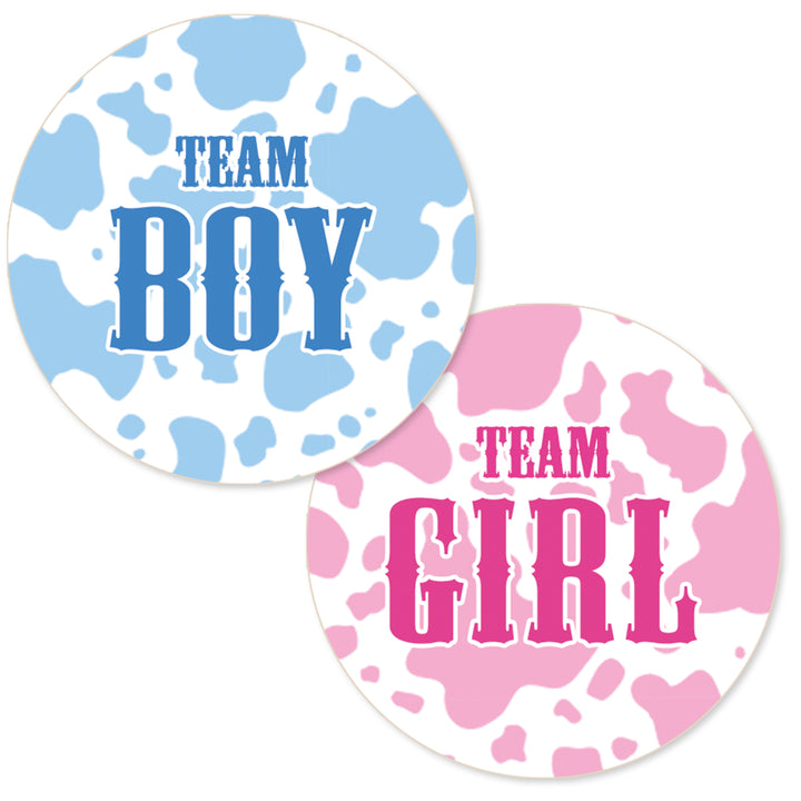 Cow print: Gender Reveal Party - Team Boy or Team Girl - 40 Stickers