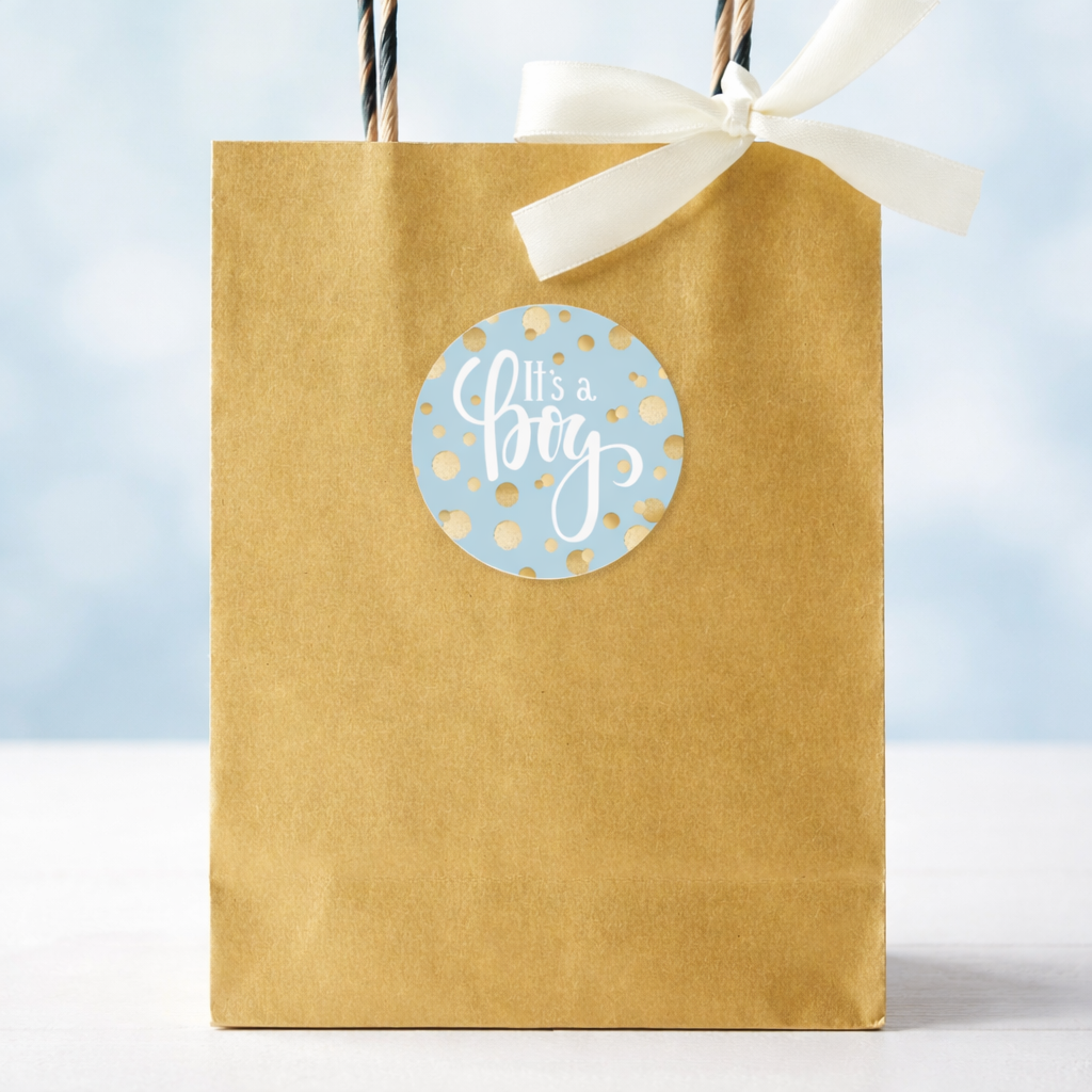 Confeti dorado: azul - I's a Boy Baby Shower - Etiquetas redondas - 40 pegatinas