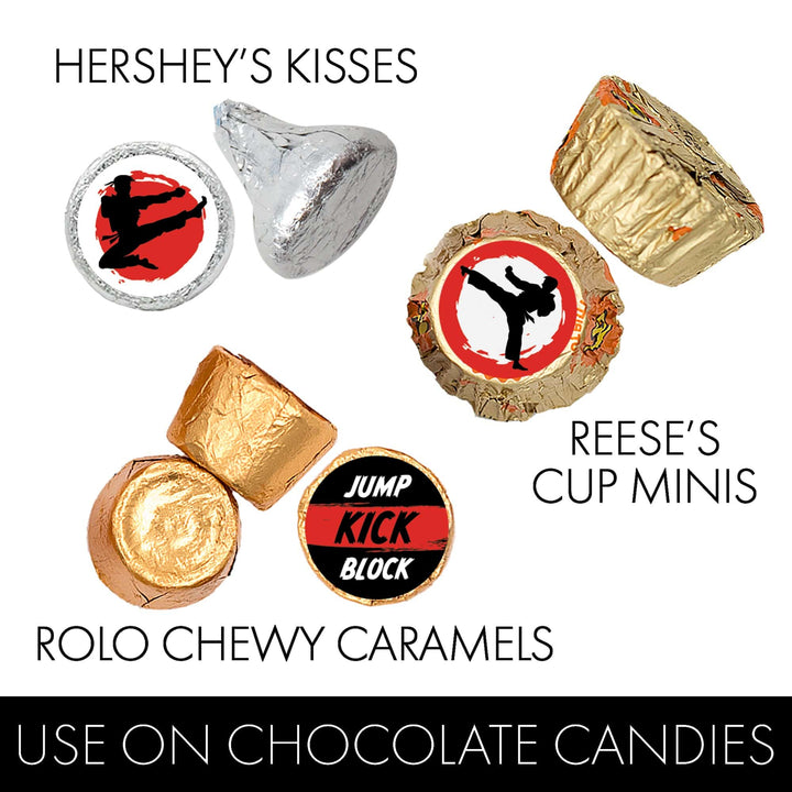 Jump, Kick, Block: Karate -  Kid's Birthday  - Party Favor Stickers - Fits on Hershey's Kisses - 180 Stickers - Distinctivs Party
