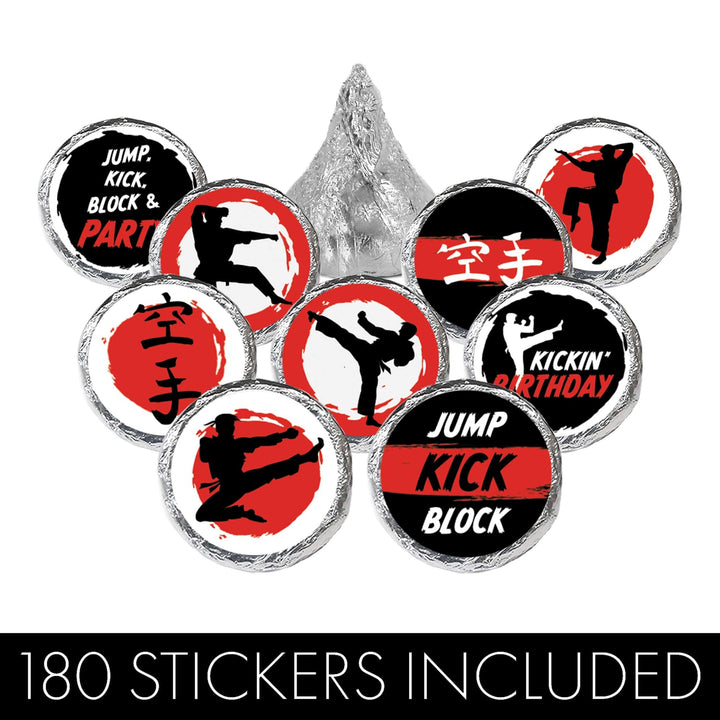 Jump, Kick, Block: Karate -  Kid's Birthday  - Party Favor Stickers - Fits on Hershey's Kisses - 180 Stickers