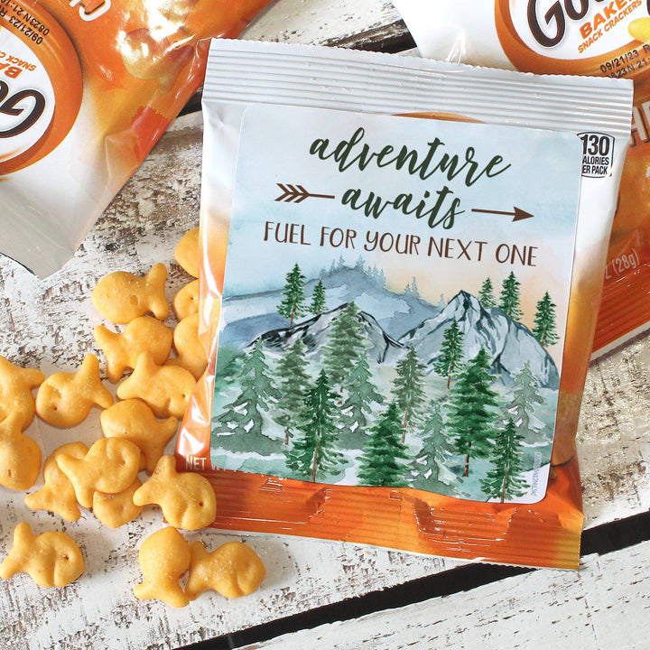 Little Adventurer Baby Shower Party Favor Trail Mix Bag Stickers | National Park Party Favors, Mountain Baby Theme Snack Bag Chip Labels