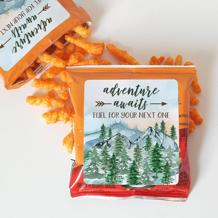 Little Adventurer Baby Shower Party Favor Trail Mix Bag Stickers | National Park Party Favors, Mountain Baby Theme Snack Bag Chip Labels