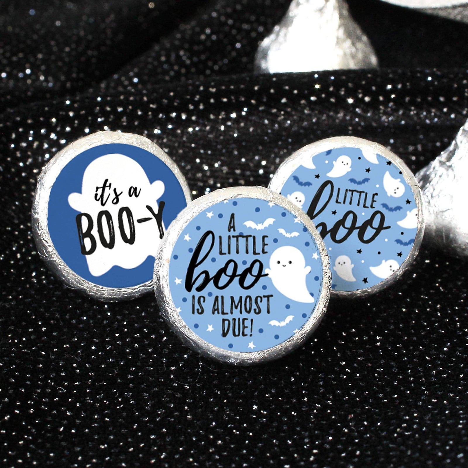 Little Boo: Blue - Boy Baby Shower - Fall Party Favor Stickers - Fits on Hershey's Kisses - 180 Stickers - Distinctivs Party