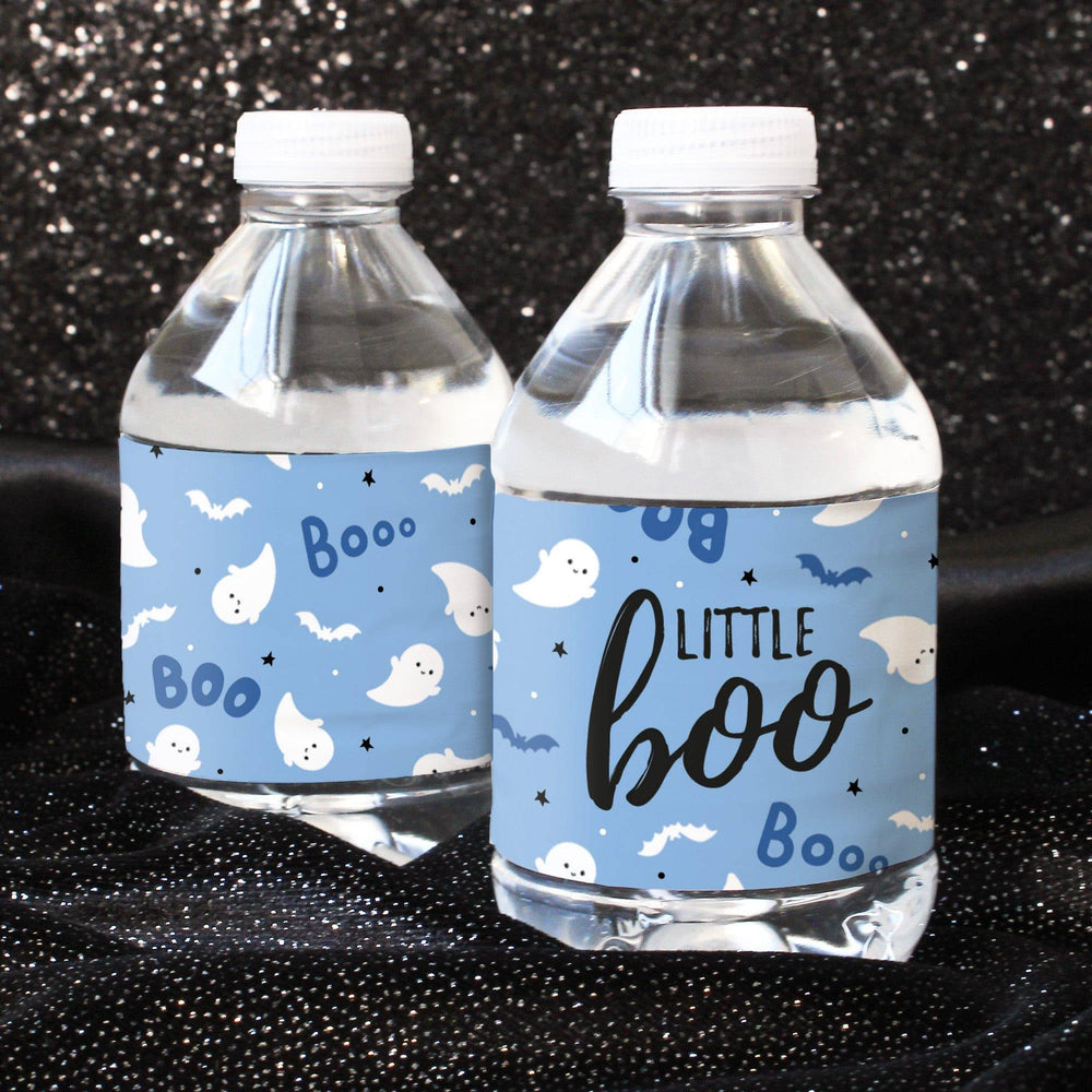 Little Boo: Blue - Boy Baby Shower- Water Bottle Label Stickers - 24 Waterproof Stickers - Distinctivs Party