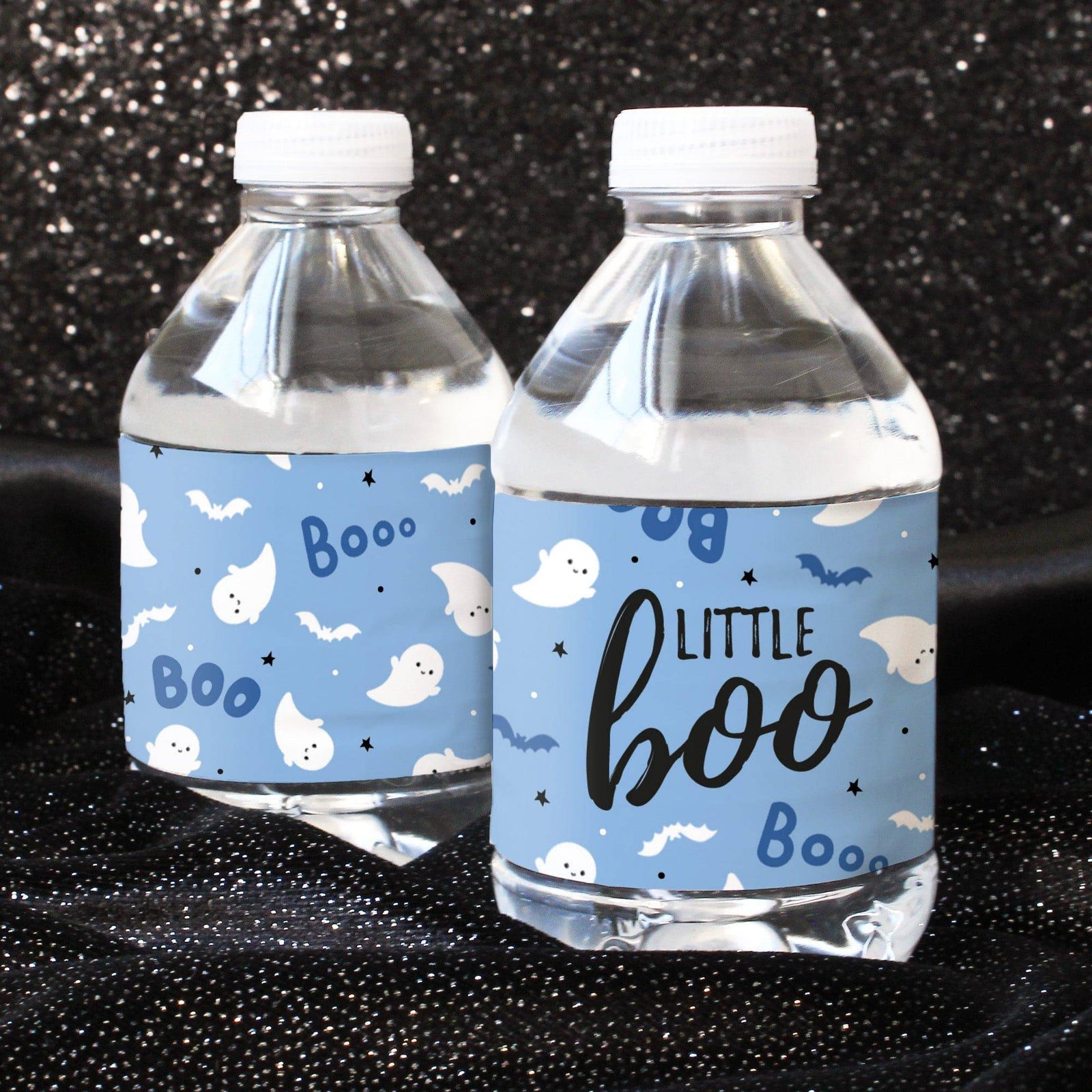 Little Boo: Blue - Boy Baby Shower- Fall Water Bottle Label Stickers - 20 Waterproof Stickers - Distinctivs Party