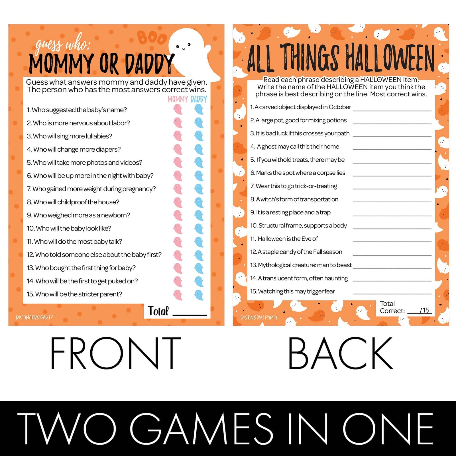 Little Boo: Orange - Baby Shower Game - Fall "Guess Who" Mommy or Daddy and All Things Halloween - Two Game Bundle - 20 Dual Sided Cards - Distinctivs Party