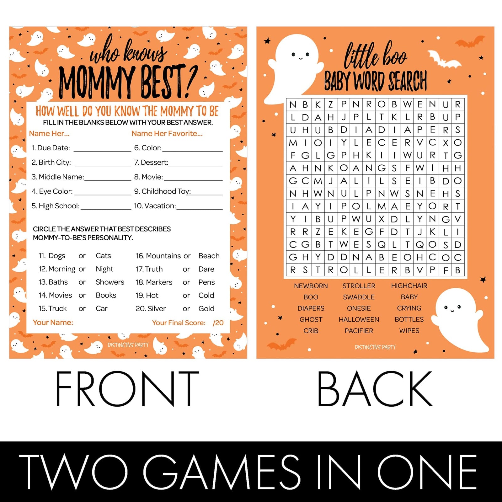 Little Boo: Orange - Baby Shower Game  - Fall Word Search and Who Knows Mommy Best - Two Game Bundle - 20 Dual Sided Cards - Distinctivs Party