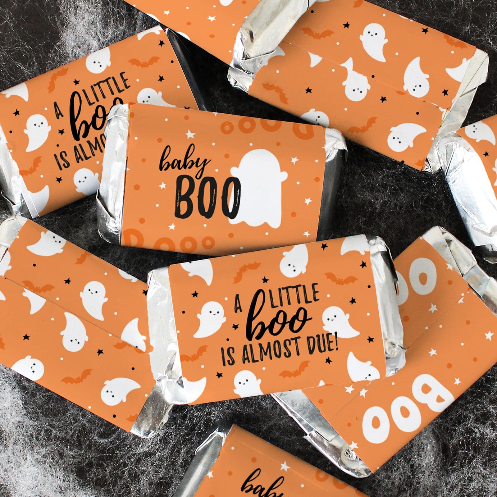 Little Boo: Orange - Baby Shower - Fall Hershey's Miniatures Candy Bar Wrappers Stickers - 45 Stickers - Distinctivs Party