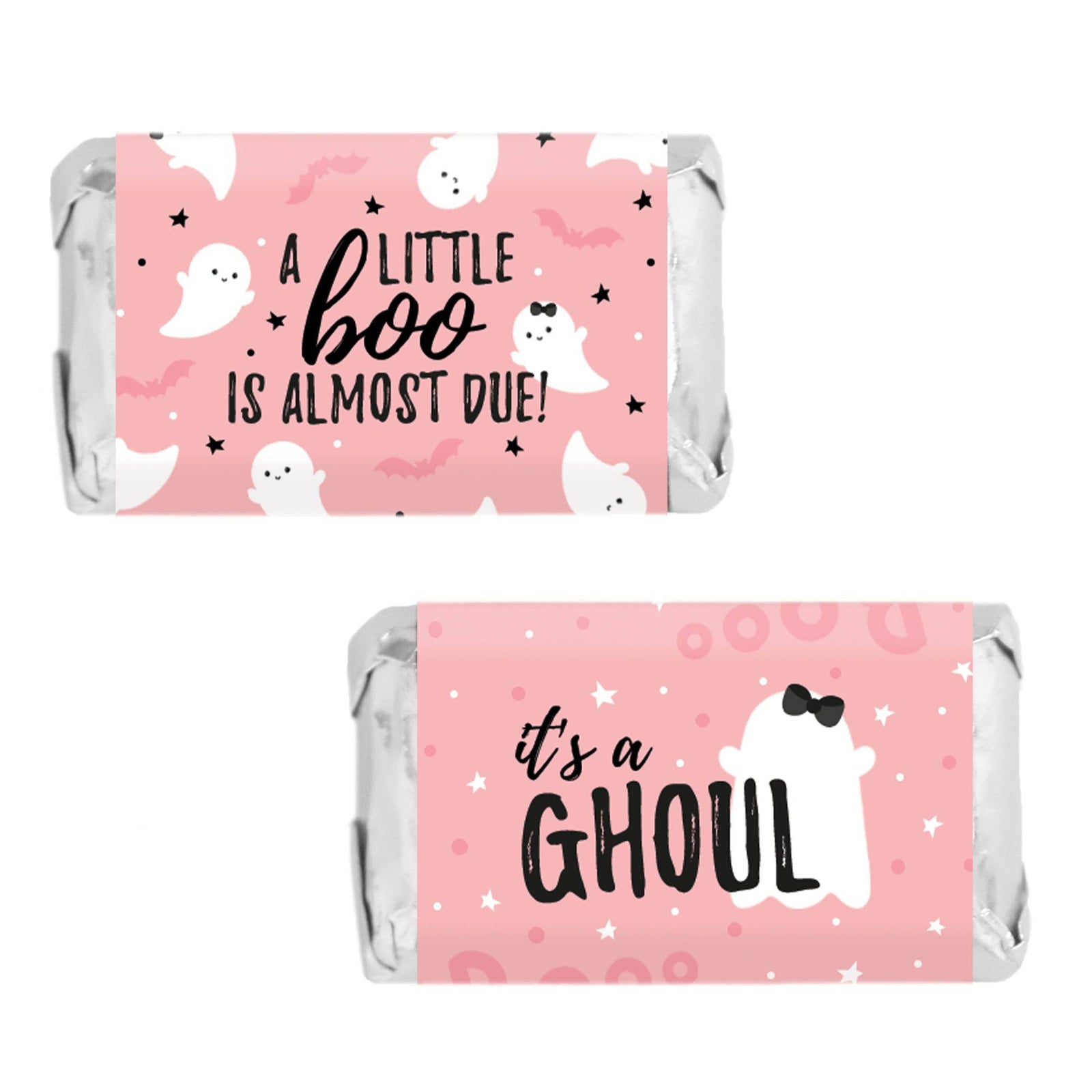 Little Boo: Pink - Girl Baby Shower -Fall Hershey's Miniatures Candy Bar Wrappers Stickers - 45 Stickers - Distinctivs Party