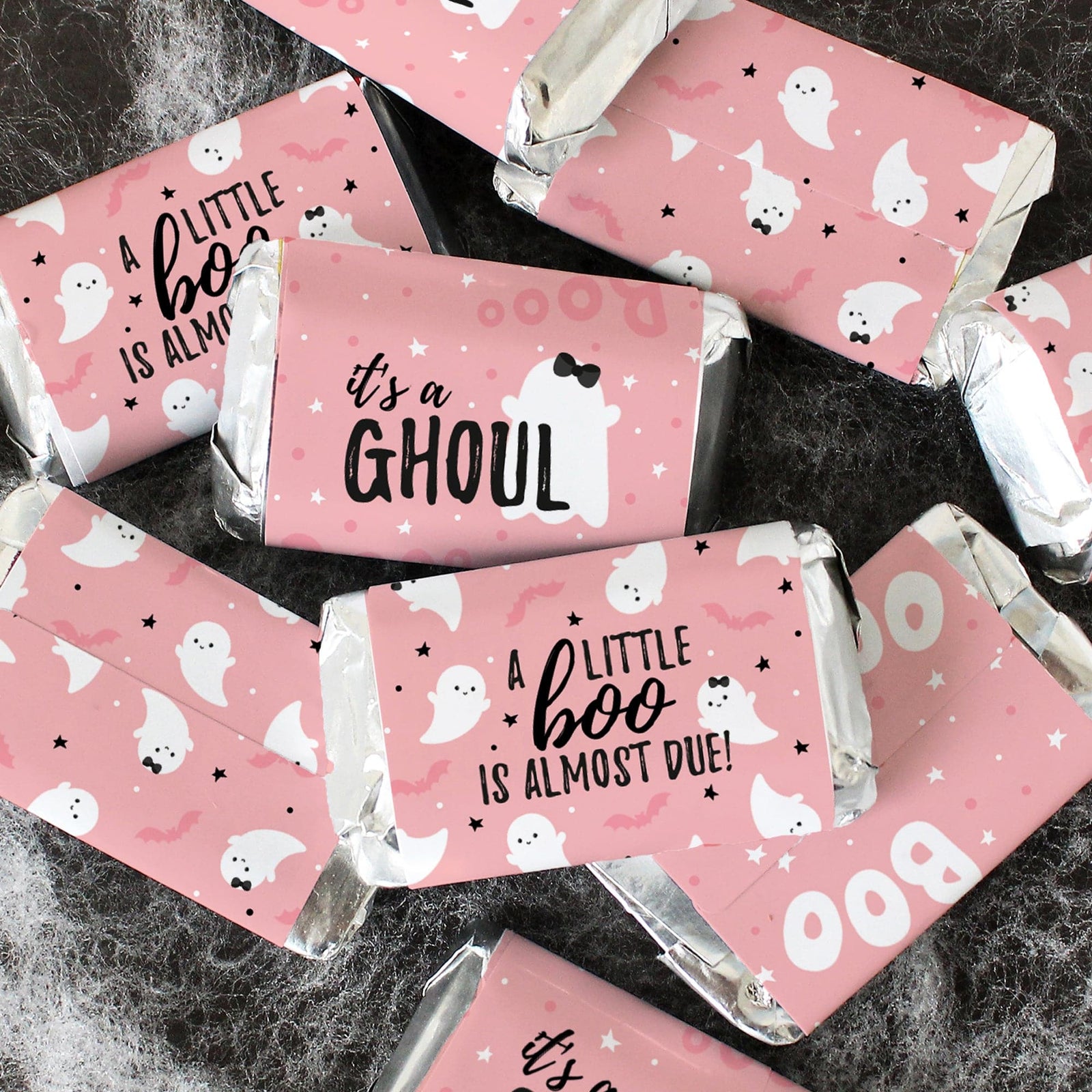 Little Boo: Pink - Girl Baby Shower -Fall Hershey's Miniatures Candy Bar Wrappers Stickers - 45 Stickers - Distinctivs Party