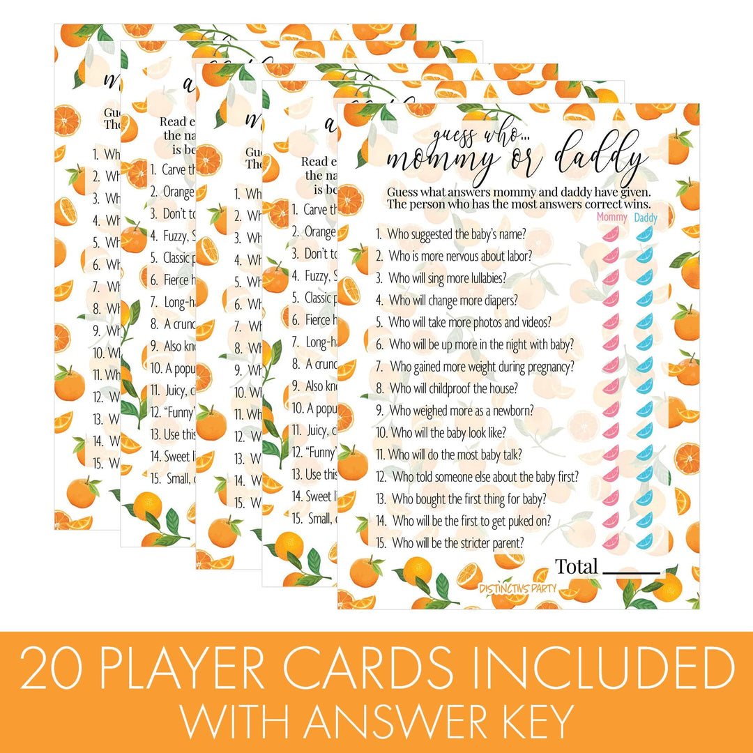 Little Cutie:  Baby Shower Game - "Guess Who Mommy or Daddy" and All Things Orange - Two Game Bundle - 20 Dual Sided Cards - Distinctivs Party