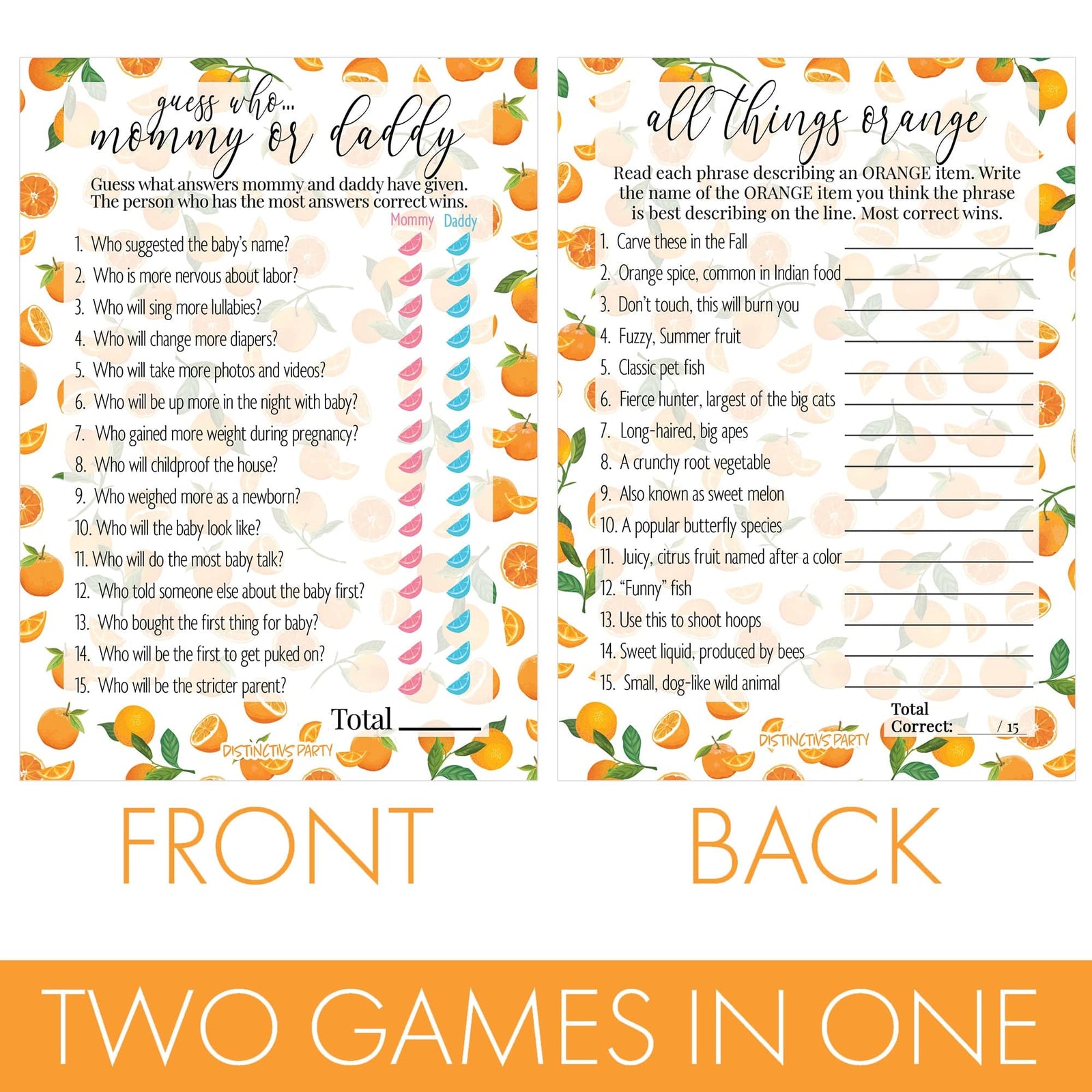 Little Cutie:  Baby Shower Game - "Guess Who Mommy or Daddy" and All Things Orange - Two Game Bundle - 20 Dual Sided Cards - Distinctivs Party