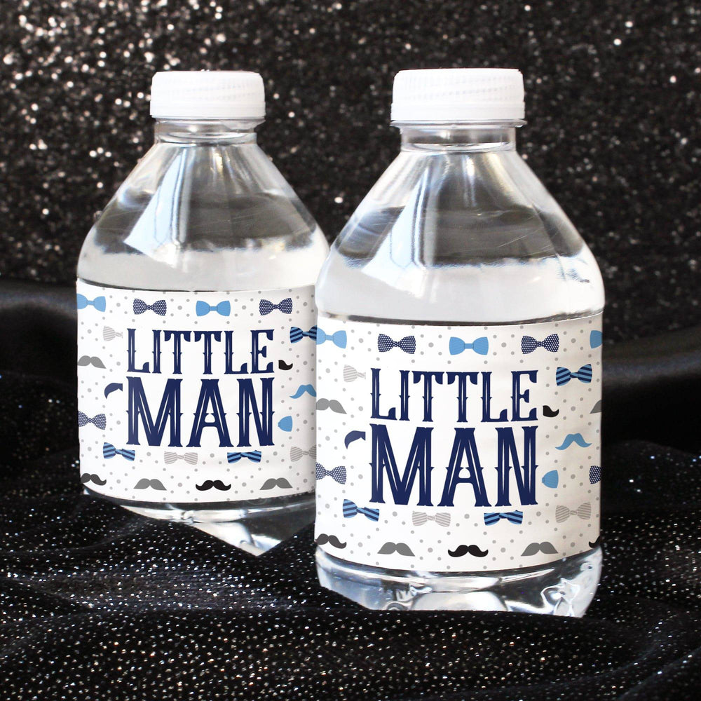 Little Man: Baby Shower - Water Bottle Labels - Boy, Bowtie - 24 Waterproof Stickers - Distinctivs Party