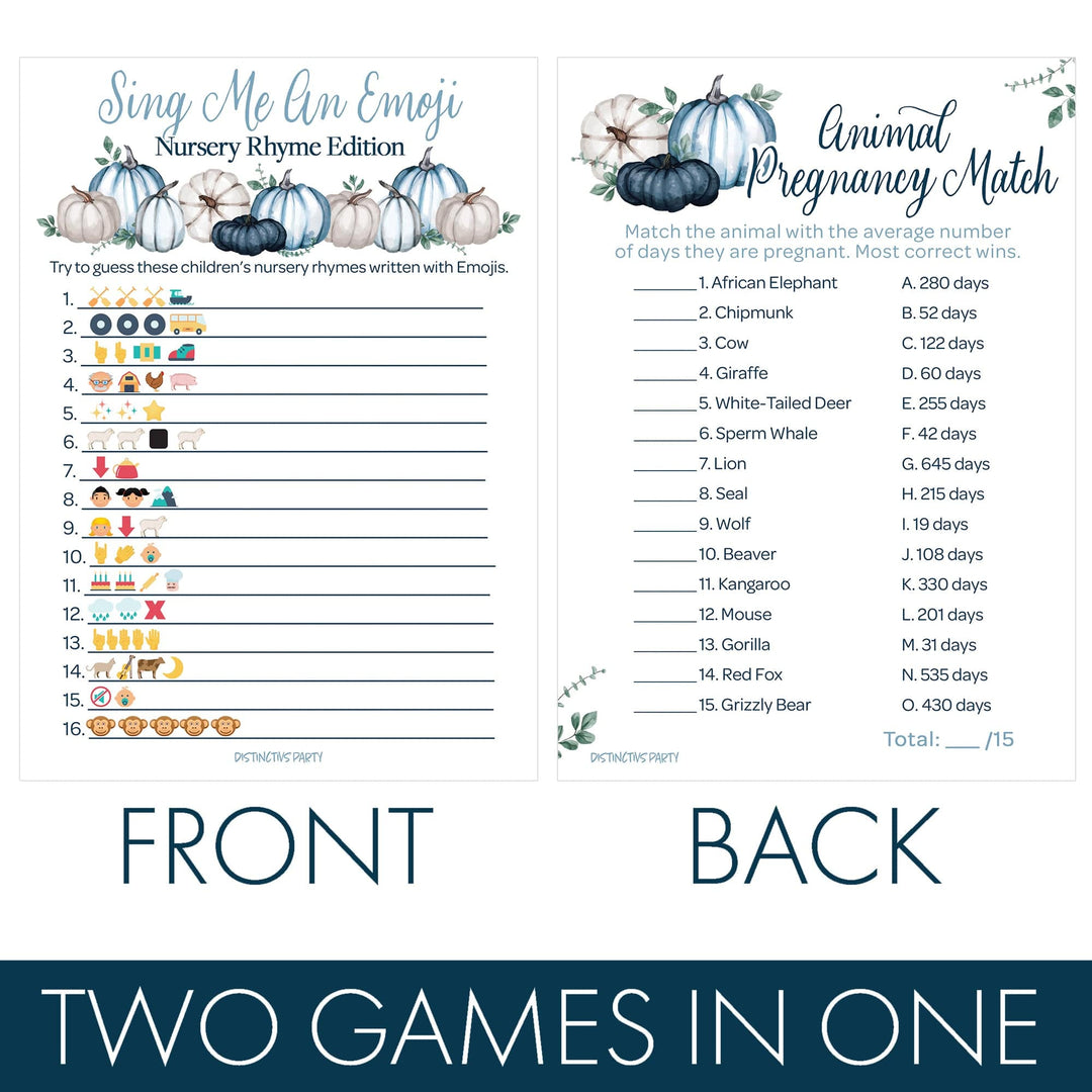 Little Pumpkin: Blue - Baby Shower Game Bundle - Sing Me An Emoji and Animal Pregnancy Match - 2 Sided Game - Fall, Boy - 20 Cards - Distinctivs Party