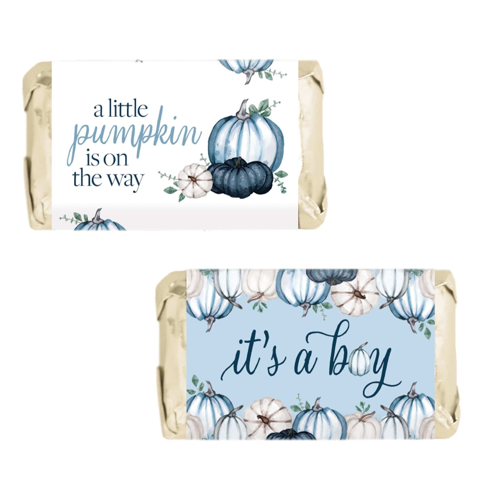 Little Pumpkin: Blue - Boy Baby Shower-Hershey's Miniatures Candy Bar Wrappers Stickers - 45 Stickers - Distinctivs Party
