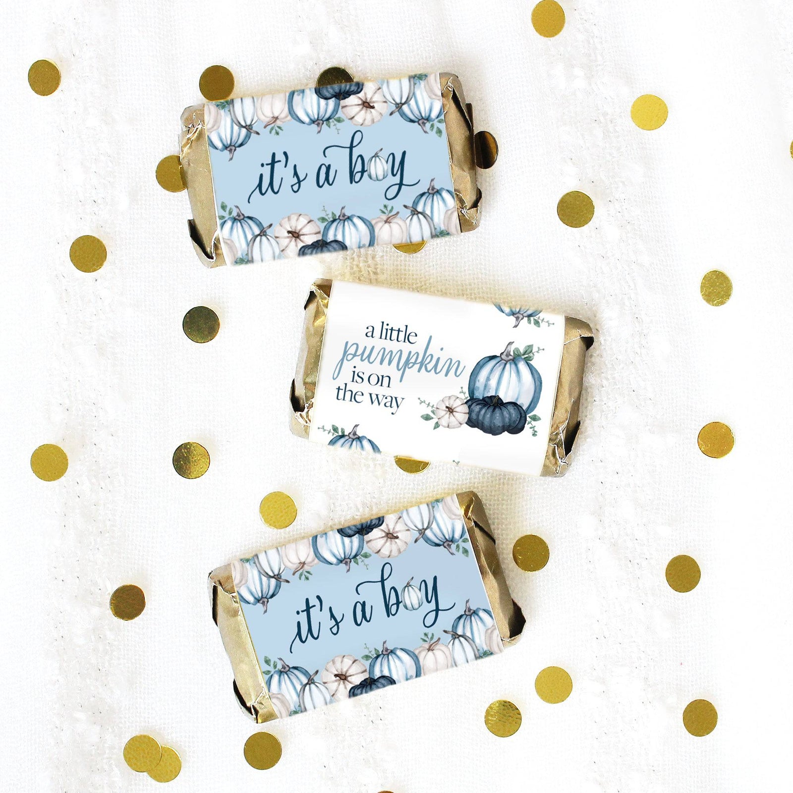 Little Pumpkin: Blue - Boy Baby Shower-Hershey's Miniatures Candy Bar Wrappers Stickers - 45 Stickers - Distinctivs Party