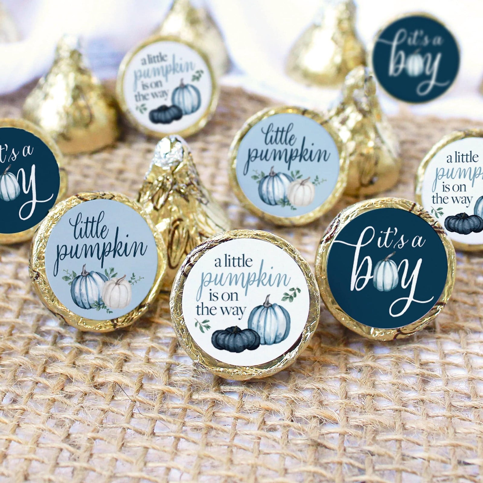 Little Pumpkin: Blue - Boy Baby Shower - Party Favor Stickers-  Fits on Hershey's Kisses - 180 Stickers - Distinctivs Party