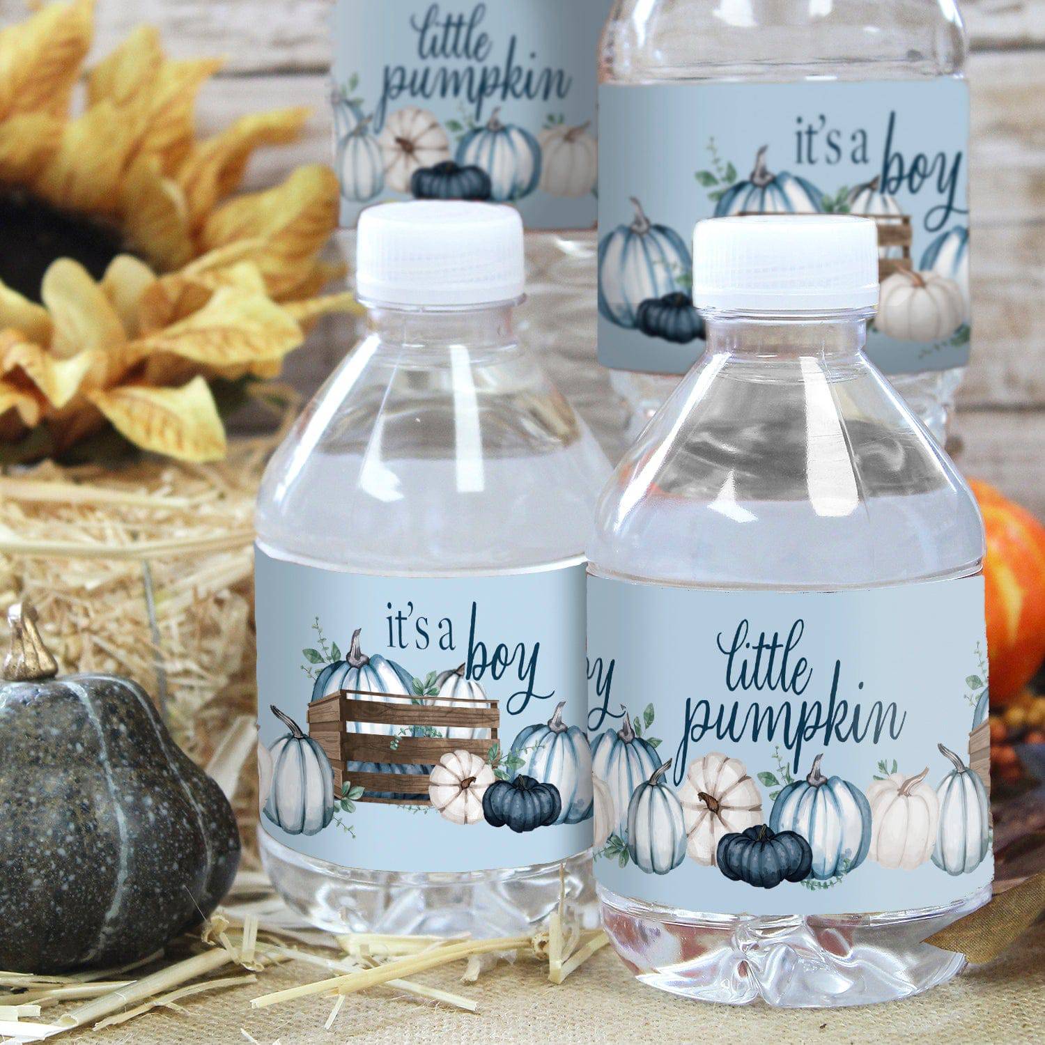 Little Pumpkin: Blue - Boy Baby Shower- Water Bottle Label Stickers - 20 Waterproof Stickers - Distinctivs Party