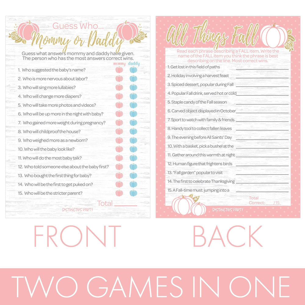 Little Pumpkin: Pink & Gold - Baby Shower Game - "Guess Who" Mommy or Daddy and All Things Fall Party Activity - Two Game Bundle - Fall, Girl -  20 Dual Sided Cards - Distinctivs Party